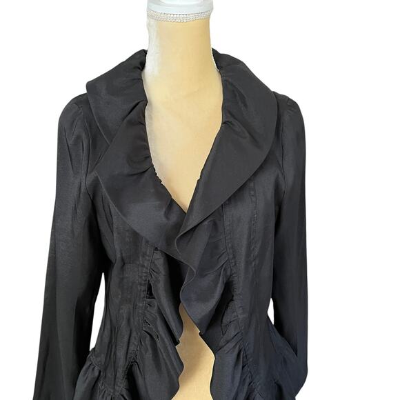 Rossi Roma Black Ruffle Jacket Top Medium Italy Silk MISSING BUTTON Y2K 90s - Picture 2 of 9